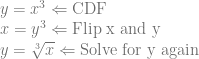 y=x^3 \Leftarrow \text{CDF}\\ x=y^3 \Leftarrow \text{Flip x and y}\\ y=\sqrt[3]{x} \Leftarrow \text{Solve for y again}