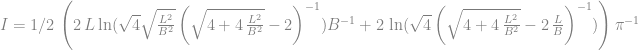 I = 1/2\,\left(2\,L\ln (\sqrt {4}\sqrt {{\frac {{L}^{2}}{{B}^{2}}}}\left (\sqrt {4+4\,{\frac {{L}^{2}}{{B}^{2}}}}-2\right )^{-1}){B}^{-1}+2\,\ln (\sqrt {4}\left (\sqrt {4+4\,{\frac {{L}^{2}}{{B}^{2}}}}-2\,{\frac {L}{B}}\right )^{-1})\right){\pi }^{-1} 