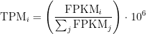 \begin{aligned}  \text{TPM}_i &= \left( \dfrac{\text{FPKM}_i}{\sum_j \text{FPKM}_j } \right) \cdot 10^6  \end{aligned}  