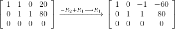 \left[\begin{array}{cccc} 1 & 1 & 0 & 20 \\ 0 & 1 & 1 & 80 \\ 0 & 0 & 0 & 0 \end{array}\right]\xrightarrow{-R_{2}+R_{1}\longrightarrow R_{1}} \left[\begin{array}{cccc} 1 & 0 & -1 & -60 \\ 0 & 1 & 1 & 80 \\ 0 & 0 & 0 & 0 \end{array}\right]