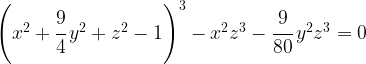 \left ( x^2+\cfrac{9}{4} \, y^2+z^2-1 \right )^3-x^2z^3- \cfrac{9}{80} \, y^2z^3=0