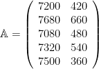 \mathbb A=\left( \begin{array}{cc} 7200 & 420 \\ 7680 & 660 \\ 7080 & 480 \\ 7320 & 540 \\ 7500 & 360 \end{array} \right)