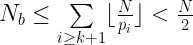 N_b \leq \sum\limits_{i \geq k+1}\lfloor\frac{N}{p_i}\rfloor < \frac{N}{2}