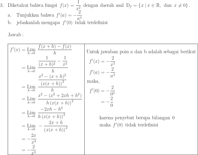 \begin{array}{ll}\\ 3.&\textrm{Diketahui bahwa fungsi}\: \: f(x)=\displaystyle \frac{1}{x^{2}}\: \: \textrm{dengan daerah asal}\: \: \textrm{D}_{f}=\left \{ x\: |\: x\in \mathbb{R},\: \: \textrm{dan}\: \: x\neq 0 \right \}.\\ &\textrm{a}.\quad \textrm{Tunjukkan bahwa}\: \: {f}'(a)=\displaystyle -\frac{2}{a^{3}}\\ &\textrm{b}.\quad \textrm{jelaskanlah mengapa}\: \: {f}'(0)\: \: \textrm{tidak terdefinisi}\\ &\\ &\textrm{Jawab}:\\\\ &\begin{array}{|l|l|}\hline \begin{aligned}{f}'(x)&=\underset{h\rightarrow 0}{\textrm{Lim}}\: \: \displaystyle \frac{f(x+h)-f(x)}{h}\\ &=\underset{h\rightarrow 0}{\textrm{Lim}}\: \: \displaystyle \frac{\displaystyle \frac{1}{(x+h)^{2}}-\displaystyle \frac{1}{x^{2}}}{h}\\ &=\underset{h\rightarrow 0}{\textrm{Lim}}\: \: \displaystyle \frac{\displaystyle \frac{x^{2}-(x+h)^{2}}{\left (x(x+h) \right )^{2}}}{h}\\ &=\underset{h\rightarrow 0}{\textrm{Lim}}\: \: \displaystyle \frac{x^{2}-\left ( x^{2}+2xh+h^{2} \right )}{h\left ( x(x+h) \right )^{2}}\\ &=\underset{h\rightarrow 0}{\textrm{Lim}}\: \: \displaystyle \frac{-2xh-h^{2}}{h\left (x(x+h) \right )^{2}}\\ &=\underset{h\rightarrow 0}{\textrm{Lim}}\: \: -\displaystyle \frac{2x+h}{\left (x(x+h) \right )^{2}}\\ &=-\displaystyle \frac{2x}{x^{4}}\\ &=-\displaystyle \frac{2}{x^{3}} \end{aligned}&\begin{aligned}\textrm{Untuk}&\: \textrm{jawaban poin a dan b adalah sebagai berikut}\\ {f}'(x)&=-\displaystyle \frac{2}{x^{3}}\\ {f}'(a)&=-\displaystyle \frac{2}{a^{3}}\\ \textrm{maka},&\\ {f}'(0)&=-\displaystyle \frac{2}{0^{3}}\\ &=-\displaystyle \frac{2}{0}\\ &\\ &\textrm{karena penyebut berupa bilangan}\: \: 0\\ &\textrm{maka}\: \: {f}'(0)\: \: \textrm{tidak terdefinisi}\\ &\\ &\\ & \end{aligned}\\\hline \end{array} \end{array}