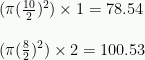 (\pi (\frac{10}{2})^2) \times 1 = 78.54\\\\(\pi (\frac{8}{2})^2) \times 2 = 100.53
