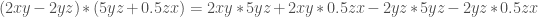 (2xy - 2yz) * (5yz + 0.5zx) = 2xy*5yz + 2xy * 0.5zx - 2yz * 5yz - 2yz * 0.5zx