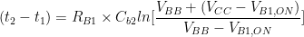 (t_2-t_1) = R_{B1} \times C_{b2} ln [\dfrac{V_{BB} + (V_{CC}-V_{B1,ON})}{V_{BB}-V_{B1,ON}}] 