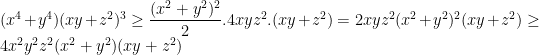 (x^4+y^4)(xy+z^2)^3\geq \dfrac{(x^2+y^2)^2}{2}.4xyz^2.(xy+z^2)=2xyz^2(x^2+y^2)^2(xy+z^2)\geq 4x^2y^2z^2(x^2+y^2)(xy+z^2)