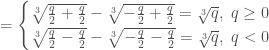 = \begin{cases} \sqrt[3]{\frac{q}{2}+\frac{q}{2}} - \sqrt[3]{-\frac{q}{2}+\frac{q}{2}} = \sqrt[3]{q}, \;q \ge 0\\ \sqrt[3]{\frac{q}{2}-\frac{q}{2}} - \sqrt[3]{-\frac{q}{2}-\frac{q}{2}} = \sqrt[3]{q},\;q<0\end{cases}