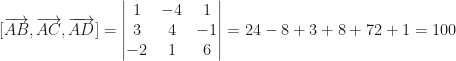 [\overrightarrow{AB},\overrightarrow{AC},\overrightarrow{AD}]=\begin{vmatrix}1&-4&1\\3&4&-1\\-2&1&6\end{vmatrix}=24-8+3+8+72+1=100