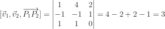[\vec v_1,\vec v_2,\overrightarrow{P_1P_2}]=\begin{vmatrix}1&4&2\\-1&-1&1\\1&1&0\end{vmatrix}=4-2+2-1=3
