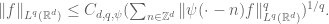 \| f\|_{L^q({\Bbb R}^d)} \leq C_{d,q,\psi} (\sum_{n \in {\Bbb Z}^d} \| \psi(\cdot-n) f \|_{L^q({\Bbb R}^d)}^q)^{1/q}.