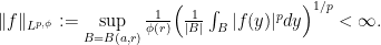 \|f\|_{L^{p,\phi}}:=\sup\limits_{B=B(a,r)} \frac{1}{\phi(r)} \Bigl(\frac{1}{|B|}\int_B |f(y)|^p dy\Bigr)^{1/p}<\infty.