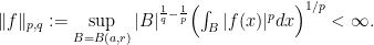 \|f\|_{p,q} := \sup\limits_{B=B(a,r)} |B|^{\frac1q-\frac1p} \Bigl(\int_B |f(x)|^p dx\Bigr)^{1/p}<\infty.