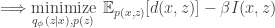 \Longrightarrow \underset{q_\phi(z\mid x),p(z)}{\text{minimize}}\:\:\mathbb{E}_{p(x,z)}[d(x,z)]-\beta I(x,z)