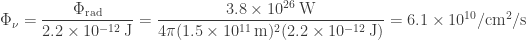 \Phi_\nu = \dfrac{\Phi_\text{rad}}{2.2\times 10^{-12}\,\text{J}} = \dfrac{3.8\times 10^{26}\,\text{W}}{4\pi (1.5\times10^{11}\,\text{m})^2(2.2\times 10^{-12}\,\text{J})} = 6.1\times 10^{10}/\text{cm}^2/\text{s}