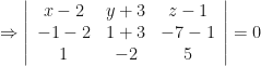 \Rightarrow \left| \begin{array}{ccc}  x-2 & y+3 & z-1 \\ -1-2 & 1+3 & -7-1 \\ 1 & -2 & 5 \end{array} \right| = 0 