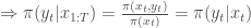\Rightarrow \pi(y_t|x_{1:T})= \frac{\pi(x_t,y_t)}{\pi(x_t)}=\pi(y_t|x_t) 