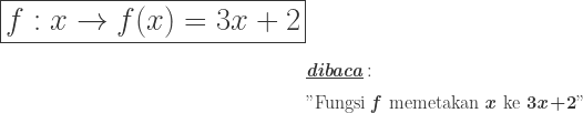 \begin{aligned}\LARGE\boxed{f:x\rightarrow f(x)=3x+2}&\\ &\textit{\underline{\textbf{dibaca}}}:\\ &"\textrm{Fungsi \textbf{\textit{f}} memetakan \textbf{\textit{x}} ke \textbf{3\textit{x}+2}}" \end{aligned}