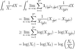 \begin{aligned}\int_{0}^{t}\frac{1}{X_{-}}dX &= \int_{0}^{t} \lim_{n \rightarrow \infty} \sum_{i = 1}^{2^n} \mathbf{1}_{(\frac{i - 1}{2^n}t, \frac{i}{2^n}t]}\frac{1}{X_{\frac{i - 1}{2^n}t}}dX\\ &= \lim_{n \rightarrow \infty} \sum_{i = 1}^{2^n} \frac{1}{X_{\frac{i - 1}{2^n}t}} (X_{\frac{i}{2^n}t} - X_{\frac{i - 1}{2^n}t})\\ &\geq \lim_{n \rightarrow \infty} \sum_{i = 1}^{2^n} \log(X_{\frac{i}{2^n}t}) - \log(X_{\frac{i - 1}{2^n}t})\\ &= \log(X_t) - \log(X_0) = \log\left(\frac{X_t}{X_0}\right)\end{aligned}