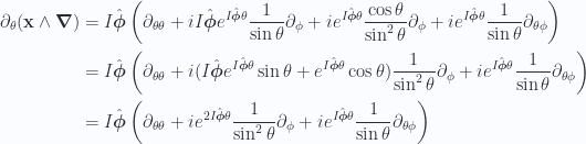 \begin{aligned}\partial_\theta (\mathbf{x} \wedge \boldsymbol{\nabla})&=I \hat{\boldsymbol{\phi}} \left( \partial_{\theta\theta} + i I \hat{\boldsymbol{\phi}} e^{I\hat{\boldsymbol{\phi}} \theta} \frac{1}{{\sin\theta}} \partial_\phi + i e^{I\hat{\boldsymbol{\phi}} \theta} \frac{\cos\theta}{\sin^2\theta} \partial_\phi + i e^{I\hat{\boldsymbol{\phi}} \theta} \frac{1}{{\sin\theta}} \partial_{\theta\phi}\right) \\ &=I \hat{\boldsymbol{\phi}} \left( \partial_{\theta\theta} + i ( I \hat{\boldsymbol{\phi}} e^{I\hat{\boldsymbol{\phi}} \theta} \sin\theta +  e^{I\hat{\boldsymbol{\phi}} \theta} \cos\theta ) \frac{1}{{\sin^2\theta}} \partial_\phi + i e^{I\hat{\boldsymbol{\phi}} \theta} \frac{1}{{\sin\theta}} \partial_{\theta\phi}\right) \\ &=I \hat{\boldsymbol{\phi}} \left( \partial_{\theta\theta} + i e^{2 I\hat{\boldsymbol{\phi}} \theta} \frac{1}{{\sin^2\theta}} \partial_\phi + i e^{I\hat{\boldsymbol{\phi}} \theta} \frac{1}{{\sin\theta}} \partial_{\theta\phi}\right) \\  \end{aligned} 