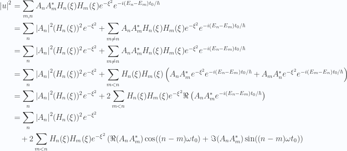 \begin{aligned}{\left\lvert{u}\right\rvert}^2&=\sum_{m,n}A_n A_m^{*} H_n(\xi) H_m(\xi) e^{-\xi^2} e^{-i (E_n - E_m)t_0/\hbar} \\ &=\sum_n{\left\lvert{A_n}\right\rvert}^2 (H_n(\xi))^2 e^{-\xi^2}+\sum_{m \ne n}A_n A_m^{*} H_n(\xi) H_m(\xi) e^{-\xi^2} e^{-i (E_n - E_m)t_0/\hbar} \\ &=\sum_n{\left\lvert{A_n}\right\rvert}^2 (H_n(\xi))^2 e^{-\xi^2}+\sum_{m \ne n}A_n A_m^{*} H_n(\xi) H_m(\xi) e^{-\xi^2} e^{-i (E_n - E_m)t_0/\hbar} \\ &=\sum_n{\left\lvert{A_n}\right\rvert}^2 (H_n(\xi))^2 e^{-\xi^2}+\sum_{m < n}H_n(\xi) H_m(\xi)\left(A_n A_m^{*}e^{-\xi^2} e^{-i (E_n - E_m)t_0/\hbar}+A_m A_n^{*}e^{-\xi^2} e^{-i (E_m - E_n)t_0/\hbar}\right) \\ &=\sum_n{\left\lvert{A_n}\right\rvert}^2 (H_n(\xi))^2 e^{-\xi^2}+2 \sum_{m < n}H_n(\xi) H_m(\xi)e^{-\xi^2}\Re \left(A_n A_m^{*}e^{-i (E_n - E_m)t_0/\hbar}\right) \\ &=\sum_n{\left\lvert{A_n}\right\rvert}^2 (H_n(\xi))^2 e^{-\xi^2}  \\ &\quad+2 \sum_{m < n}H_n(\xi) H_m(\xi)e^{-\xi^2}\left(\Re ( A_n A_m^{*} ) \cos( (n - m)\omega t_0)+\Im ( A_n A_m^{*} ) \sin( (n - m)\omega t_0)\right) \\ \end{aligned} 