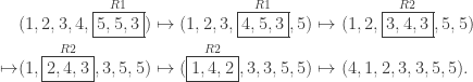 \begin{aligned} &(1, 2, 3, 4, \overset{R1}{\boxed{5, 5, 3}}) \mapsto (1, 2, 3, \overset{R1}{\boxed{4, 5, 3}}, 5)\mapsto (1, 2, \overset{R2}{\boxed{3, 4, 3}}, 5, 5)\\ \mapsto &(1, \overset{R2}{\boxed{2, 4, 3}}, 3, 5, 5) \mapsto (\overset{R2}{\boxed{1, 4, 2}}, 3, 3, 5, 5)\mapsto (4, 1, 2, 3, 3, 5, 5).\\ \end{aligned} 