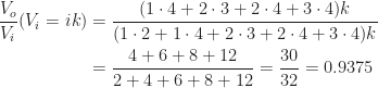 \begin{aligned} \displaystyle \frac{V_o}{V_i}(V_i=i k) &= \frac{(1\cdot4+2\cdot3 +2\cdot4+3\cdot4)k}{(1\cdot2+1\cdot4+2\cdot3+2\cdot4+3\cdot4)k}\\&=\frac{4+6+8+12}{2+4+6+8+12}=\frac{30}{32}=0.9375\end{aligned}