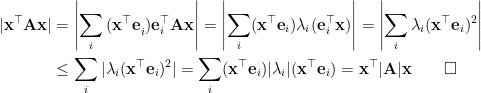 \begin{aligned}  |\mathbf{x^\top Ax} | &= \left| \sum_i \mathbf{ (x^\top e}_i ) \mathbf{e}_i^\top \mathbf{A x }\right| = \left| \sum_i (\mathbf{x^\top e}_i )\lambda_i (\mathbf{e}_i^\top \mathbf{x}) \right| = \left| \sum_i \lambda_i (\mathbf{x}^\top \mathbf{e}_i)^2 \right| \\  & \le \sum_i |\lambda_i (\mathbf{x}^\top \mathbf{e}_i)^2| = \sum_i (\mathbf{x}^\top \mathbf{e}_i) | \lambda_i | (\mathbf{x}^\top \mathbf{e}_i) = \mathbf{ x^\top |A| x } \quad\quad \square  \end{aligned}