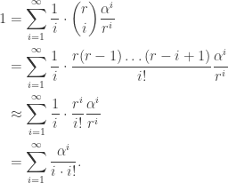 \begin{aligned} 1 &= \sum_{i=1}^\infty \dfrac{1}{i} \cdot \binom{r}{i} \dfrac{\alpha^i}{r^i} \\  &= \sum_{i=1}^\infty \dfrac{1}{i} \cdot \dfrac{r(r-1) \dots (r-i+1)}{i!} \dfrac{\alpha^i}{r^i}  \\  &\approx \sum_{i=1}^\infty \dfrac{1}{i} \cdot \dfrac{r^i}{i!} \dfrac{\alpha^i}{r^i} \\  &= \sum_{i=1}^\infty \dfrac{\alpha^i}{i \cdot i!}. \end{aligned}