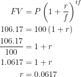 \begin{aligned} FV &= P \left( 1 + \frac{r}{f} \right)^{tf} \\ 106.17&= 100 \left( 1 + r \right)\\ \frac{106.17}{100}&= 1+r\\ 1.0617 &= 1+r\\ r &= 0.0617 \end{aligned} 
