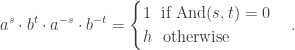 \begin{aligned} a^{s}\cdot b^{t}\cdot a^{-s}\cdot b^{-t}=\begin {cases} 1~~\text {if And\ensuremath {(s,t)=0}}\\ h~~\text {otherwise} \end {cases}. \end{aligned}