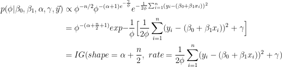 \begin{aligned} p(\phi | \beta_0, \beta_1, \alpha, \gamma, \vec y) & \propto \phi^{-n/2} \phi^{-(\alpha + 1) e^{-\frac{\gamma}{\phi}}} e^{-\frac{1}{2\phi} \sum_{i=1}^{n}(y_i - (\beta_0 + \beta_1x_i) )^2} \\ & = \phi^{-(\alpha + \frac{n}{2} + 1)} exp{-\frac{1}{\phi} \Big[ \frac{1}{2\phi} \sum_{i=1}^{n}(y_i - (\beta_0 + \beta_1x_i) )^2 + \gamma \Big] } \\ & = IG(shape = \alpha + \frac{n}{2}, \ rate = \frac{1}{2\phi} \sum_{i=1}^{n}(y_i - (\beta_0 + \beta_1x_i) )^2 + \gamma ) \end{aligned}