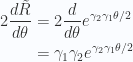 \begin{aligned}2 \frac{d\tilde{R}}{d\theta} &= 2\frac{d}{d\theta} e^{\gamma_2\gamma_1 \theta/2} \\ &= \gamma_1 \gamma_2 e^{\gamma_2\gamma_1 \theta/2} \end{aligned} 