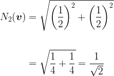 \begin{aligned}N_2(\boldsymbol{v})&=\sqrt{\bigg(\dfrac{1}{2}\bigg)^2+\bigg(\dfrac{1}{2}\bigg)^2}\\&\\&=\sqrt{\dfrac{1}{4}+\dfrac{1}{4}}=\dfrac{1}{\sqrt{2}}\end{aligned}