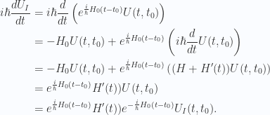 \begin{aligned}i \hbar \frac{d{{U_I}}}{dt} &= i \hbar \frac{d{{}}}{dt} \left(e^{\frac{i}{\hbar} H_0(t - t_0)} U(t, t_0)\right) \\ &=-H_0 U(t, t_0)+e^{\frac{i}{\hbar} H_0(t - t_0)} \left( i \hbar \frac{d{{}}}{dt} U(t, t_0) \right) \\ &=-H_0 U(t, t_0)+e^{\frac{i}{\hbar} H_0(t - t_0)} \left( (H + H'(t)) U(t, t_0) \right) \\ &=e^{\frac{i}{\hbar} H_0(t - t_0)} H'(t)) U(t, t_0) \\ &=e^{\frac{i}{\hbar} H_0(t - t_0)} H'(t)) e^{-\frac{i}{\hbar} H_0(t - t_0)} U_I(t, t_0).\end{aligned} 