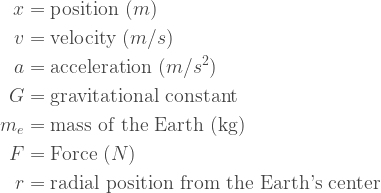 \begin{aligned}x &= \text{position }(m)\\v &= \text{velocity }(m/s)\\a &=\text{acceleration }(m/s^2)\\G &=\text{gravitational constant}\\m_e &=\text{mass of the Earth (kg)}\\F&=\text{Force }(N)\\r&=\text{radial position from the Earth's center}\end{aligned}