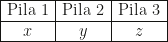 \begin{array}{|c|c|c|}\hline\text{Pila 1}&\text{Pila 2}&\text{Pila 3}\\\hline x&y&z\\\hline\end{array}