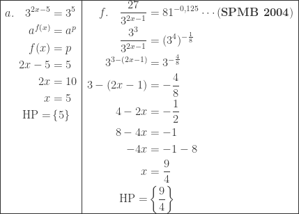 \begin{array}{|l|l|}\hline \begin{aligned}a.\quad 3^{2x-5}&=3^{5}\\ a^{f(x)}&=a^{p}\\ f(x)&=p\\ 2x-5&=5\\ 2x&=10\\ x&=5\\ \textrm{HP}=&\left \{ 5 \right \}\\ &\\ &\\ &\\ &\\ &\end{aligned}&\begin{aligned}f.\quad \displaystyle \frac{27}{3^{2x-1}}&=81^{-0,125}\cdots (\textbf{SPMB 2004})\\ \displaystyle \frac{3^{3}}{3^{2x-1}}&=(3^{4})^{-\frac{1}{8}}\\ 3^{3-(2x-1)}&=3^{-\frac{4}{8}}\\ 3-(2x-1)&=-\frac{4}{8}\\ 4-2x&=-\frac{1}{2}\\ 8-4x&=-1\\ -4x&=-1-8\\ x&=\frac{9}{4}\\ \textrm{HP}=&\left \{ \frac{9}{4} \right \}\end{aligned}\\\hline \end{array}