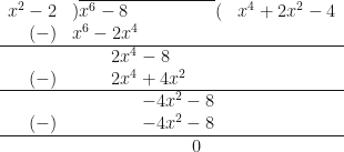 \begin{array}{ r l l }  x^2-2 & ) \overline{x^6-8 \hspace{2.0cm} }( &  x^4+2x^2-4 \\  (-) &  x^6-2x^4 &    \\  \hline & \hspace{0.9cm} 2x^4-8 & \\  (-) &  \hspace{0.9cm} 2x^4+4x^2 & \\  \hline & \hspace{1.6cm} -4x^2-8 & \\  (-) &  \hspace{1.6cm} -4x^2-8 & \\  \hline & \hspace{2.75cm} 0 &  \end{array} 