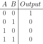 \begin{array}{c c|c} A & B & Output\\ \hline 0 & 0 & 1 \\ 0 & 1 & 0 \\ 1&0&0\\ 1 & 1 & 0\end{array}