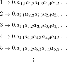 \begin{array}{cccccc} \\[10pt] 1 \rightarrow 0.\boldsymbol{a_{1,1}}a_{1,2}a_{1,3}a_{1,4}a_{1,5} \ldots \\[10pt] 2 \rightarrow 0.a_{2,1}\boldsymbol{a_{2,2}}a_{2,3}a_{2,4}a_{2,5} \ldots \\[10pt] 3 \rightarrow 0.a_{3,1}a_{3,2}\boldsymbol{a_{3,3}}a_{3,4}a_{3,5} \ldots \\[10pt] 4 \rightarrow 0.a_{4,1}a_{4,2}a_{4,3}\boldsymbol{a_{4,4}}a_{4,5} \ldots \\[10pt] 5 \rightarrow 0.a_{5,1}a_{5,2}a_{5,3}a_{5,4}\boldsymbol{a_{5,5}} \ldots \\[10pt] \vdots \\ \end{array}