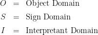 \begin{array}{ccl}  O & = & \text{Object Domain}  \\[6pt]  S & = & \text{Sign Domain}  \\[6pt]  I & = & \text{Interpretant Domain}  \end{array}