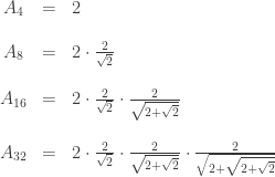 \begin{array}{ccl} A_4 &=& 2 \\  \\ A_8 &=& 2 \cdot \frac{2}{\sqrt{2}} \\  \\ A_{16} &=& 2 \cdot \frac{2}{\sqrt{2}} \cdot \frac{2}{\sqrt{2 + \sqrt{2}}}  \\  \\ A_{32} &=& 2 \cdot \frac{2}{\sqrt{2}} \cdot \frac{2}{\sqrt{2 + \sqrt{2}}} \cdot \frac{2}{\sqrt{2 + \sqrt{2 + \sqrt{2}}}}  \end{array}