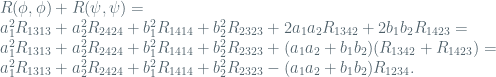 \begin{array}{l} R(\phi,\phi)+R(\psi,\psi) = \\ a_1^2 R_{1313}+ a_2^2 R_{2424} + b_1^2 R_{1414} + b_2^2 R_{2323} + 2a_1a_2R_{1342}+2b_1b_2R_{1423} = \\ a_1^2 R_{1313}+ a_2^2 R_{2424} + b_1^2 R_{1414} + b_2^2 R_{2323} + (a_1a_2+b_1b_2)(R_{1342}+R_{1423}) = \\ a_1^2 R_{1313}+ a_2^2 R_{2424} + b_1^2 R_{1414} + b_2^2 R_{2323} - (a_1a_2+b_1b_2)R_{1234} .\end{array}