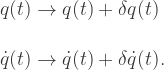 \begin{array}{l} q(t) \rightarrow  q(t)+\delta q(t)\\  \\  \dot{q}(t) \rightarrow  \dot{q}(t)+\delta \dot{q}(t).\end{array}