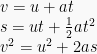 \begin{array}{l}v=u+at\\s=ut+\frac{1}{2}a{{t}^{2}}\\{{v}^{2}}={{u}^{2}}+2as\end{array}