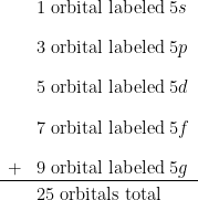 \begin{array}{l l} & 1 \;\text{orbital labeled} \;5s \\[1em] & 3 \;\text{orbital labeled} \;5p \\[1em] & 5 \;\text{orbital labeled} \;5d \\[1em] & 7 \;\text{orbital labeled} \;5f \\[1em] + & 9 \;\text{orbital labeled} \;5g \\ \hline \\[-1em] & 25 \;\text{orbitals total} \end{array}