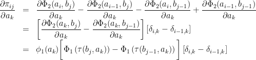 \begin{array}{lcl}\displaystyle\frac{\partial \pi_{ij}}{\partial a_k}&=&\displaystyle\frac{\partial \Phi_2(a_{i},b_{j})}{\partial a_k}-\frac{\partial \Phi_2(a_{i-1},b_{j})}{\partial a_k}-\frac{\partial \Phi_2(a_{i},b_{j-1})}{\partial a_k}+\frac{\partial \Phi_2(a_{i-1},b_{j-1})}{\partial a_k}\\ &=&\displaystyle\left[ \frac{\partial \Phi_2(a_{k},b_{j})}{\partial a_k}-\frac{\partial \Phi_2(a_{k},b_{j-1})}{\partial a_k}\right]\left[\delta_{i,k} - \delta_{i-1,k}\right]\\ &=&\displaystyle\phi_1(a_k)\bigg[\Phi_1\left(\tau(b_j,a_k)\right)-\Phi_1\left(\tau(b_{j-1},a_k)\right)\bigg] \left[\delta_{i,k}-\delta_{i-1,k}\right]\end{array}