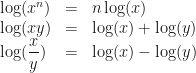 \begin{array}{lll} \log(x^n) & = & n\log(x) \\ \log(xy) & = & \log(x) + \log(y) \\ \log(\dfrac{x}{y}) & = & \log(x) - \log(y) \end{array} 